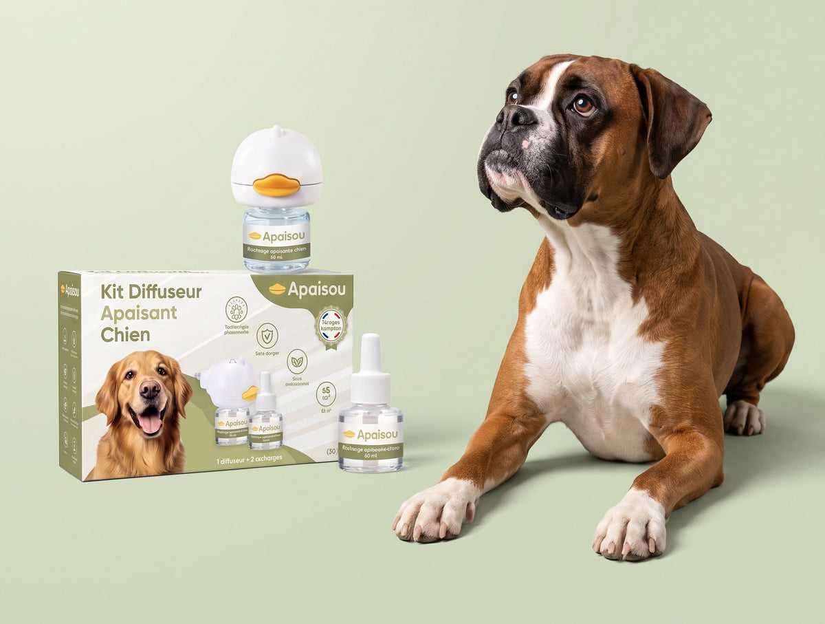 Kit diffuseur apaisant Apaisou à côté d'un boxer allongé